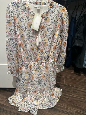 KEREN hart White Floral Long Sleeve Midi Dress with Tassel Tie